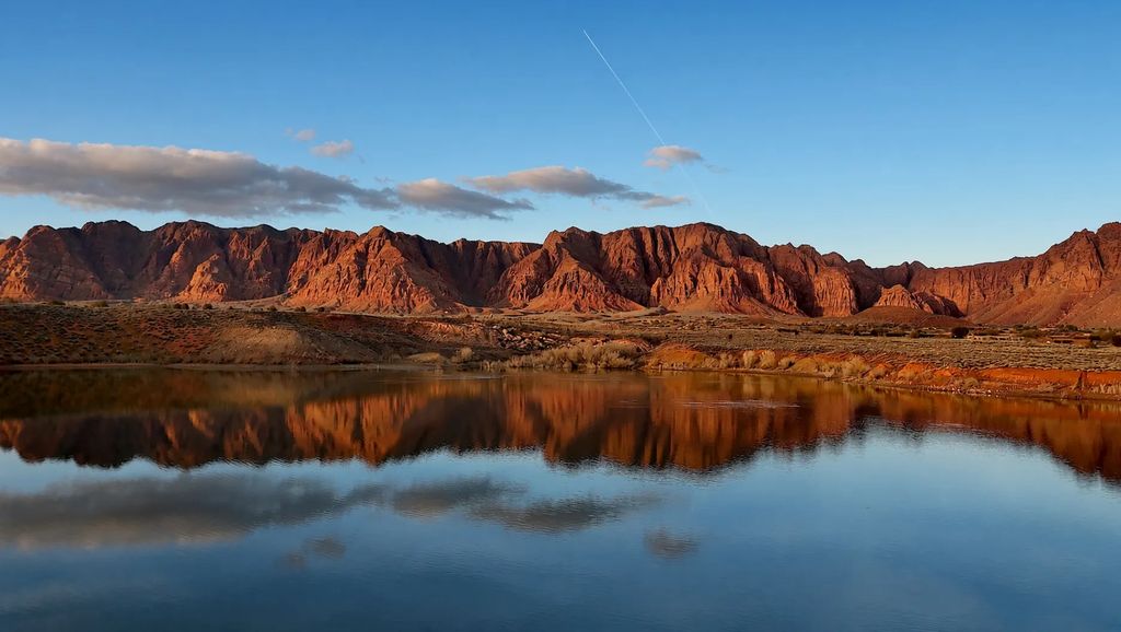 Red cliffs reflected in calm water near Ivins, Utah